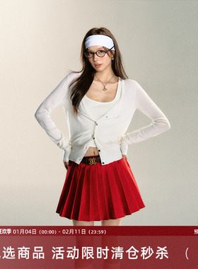 7Shiftin原创设计夏季新款甜美修身开衫吊带学院风红色百褶短裙女