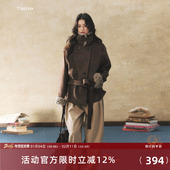 7Shiftin 原创设计双排扣棕色毛呢外套冬季 高级毛领保暖呢子大衣