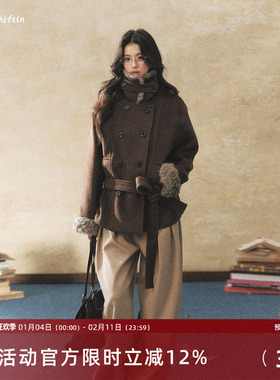 7Shiftin 原创设计双排扣棕色毛呢外套冬季高级毛领保暖呢子大衣