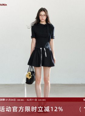 7Shiftin原创设计蝴蝶结藏蓝色翻领上衣套装夏季新款抽绳修身短裙