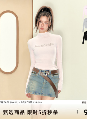 7Shiftin原创设计珠钉logo长袖上衣辣妹风修身半高领打底衫新款女