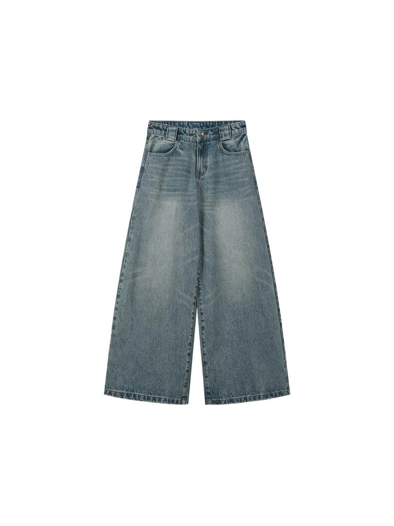 Wide-leg blue denim jeans laid flat on a white background