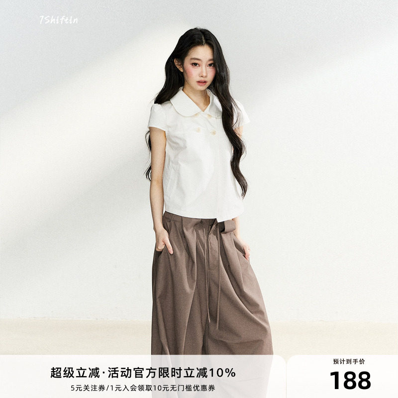 7Shiftin 原创设计夏季新款棉质衬衫翻领双排扣短袖休闲宽松上衣