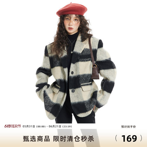 7Shiftin学院风毛呢大衣偏长