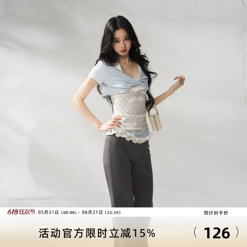 7Shiftin 原创设计蕾丝边波点上衣修身挂脖背心套装夏季新款罩衫