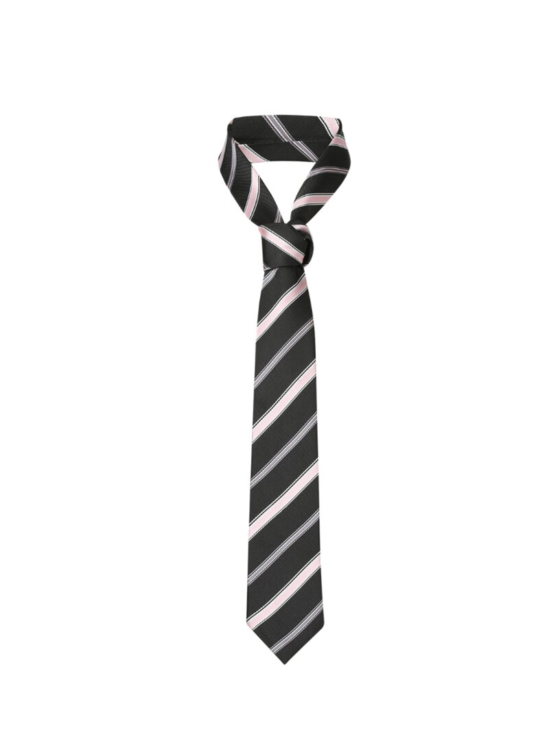 Black striped necktie with pink and gray diagonal stripes on a white background