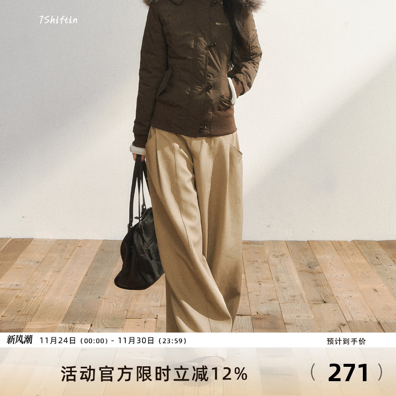 7Shiftin 原创设计卡其色高级西装阔腿裤宽松休闲垂感低腰直筒裤