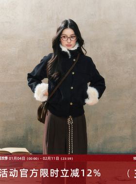 7Shiftin 原创设计秋冬新款黑色修身皮毛一体夹克外套短款上衣女