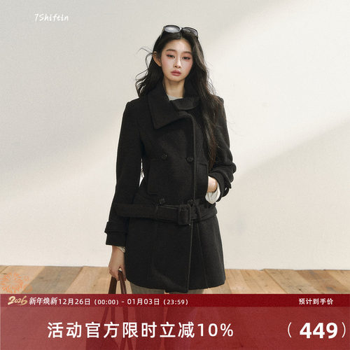 7Shiftin 原创黑色毛呢外套秋冬款双排扣高级可拆卸下摆呢子大衣