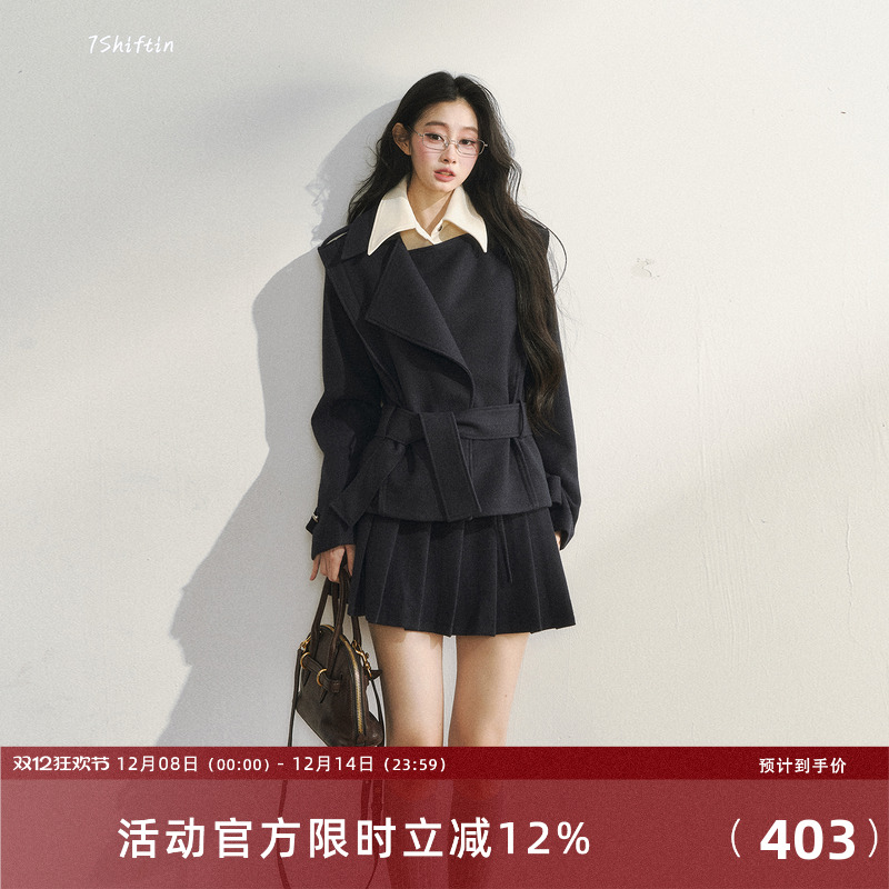 7Shiftin 原创设计学院风穿搭假两件夹棉西装棉服短裙子两件套女