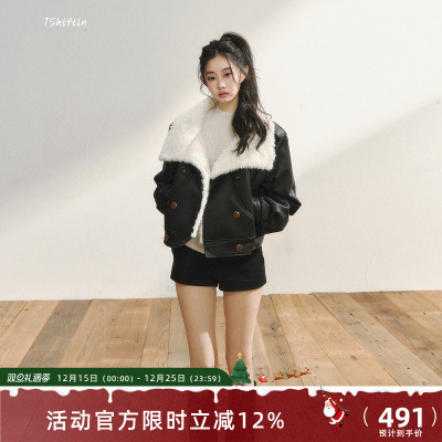 7Shiftin 原创设计黑色短款皮毛一体外套女秋冬款保暖翻领派克服