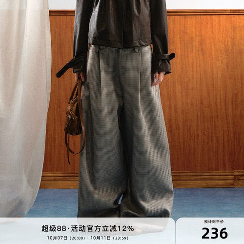 7Shiftin 原创设计复古松弛长裤英伦风格纹休闲裤百搭通勤阔腿裤