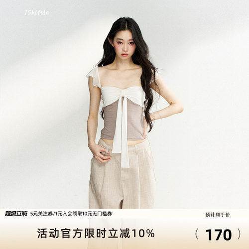 7Shiftin 原创设计夏季新款假两件百搭上衣休闲针织蝴蝶结短袖女