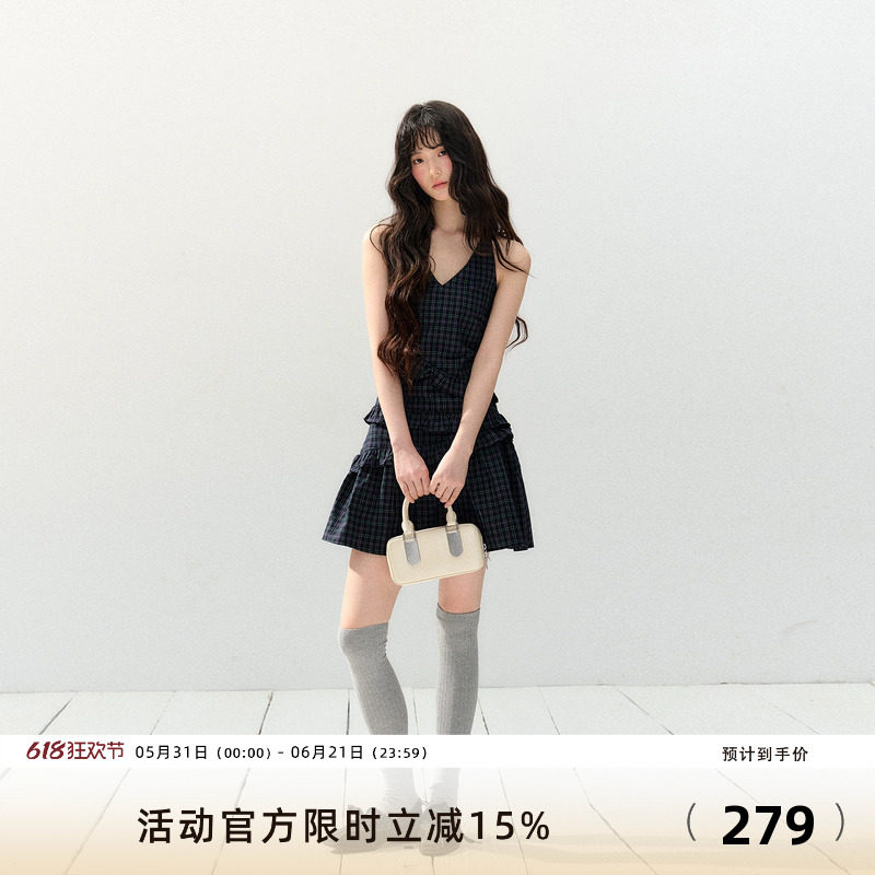 7Shiftin 原创设计春夏新款辣妹收腰无袖格纹连衣裙藏蓝百褶裙女