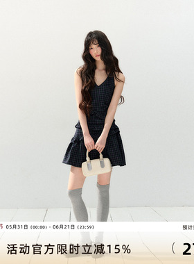 7Shiftin 原创设计春夏新款辣妹收腰无袖格纹连衣裙藏蓝百褶裙女