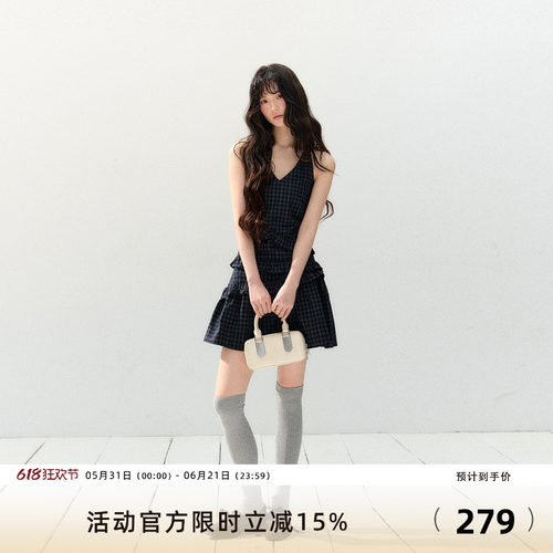7Shiftin 原创设计春夏新款辣妹收腰无袖格纹连衣裙藏蓝百褶裙女