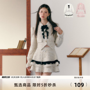 学院风短裙 7Shiftin原创设计高级感小香风外套蕾丝花朵女团风套装