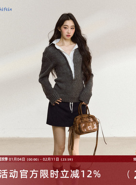 7Shiftin 原创设计秋季新款美式灰色毛衣女慵懒高级感假两件上衣