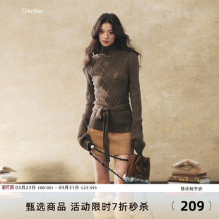 慵懒风收腰上衣 腰带针织毛衣冬季 7Shiftin 原创设计双色高领长袖