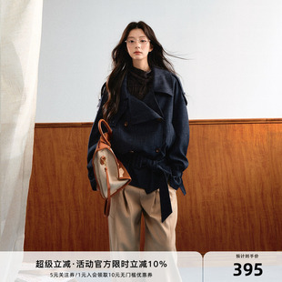 7Shiftin 原创设计复古牛仔风衣美式翻领腰带外套双排扣工装上衣