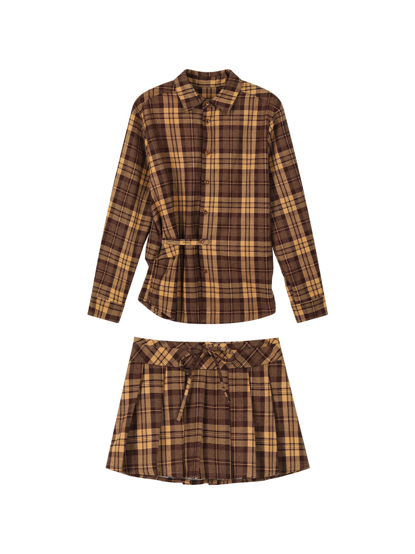 Plaid long-sleeve button-up shirt and matching skirt set laid flat
