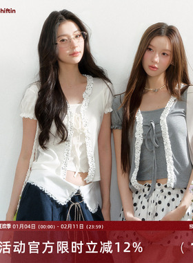 7Shiftin 原创设计双色甜美假两件上衣泡泡袖修身蕾丝绑带短袖T恤