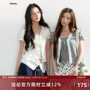 7Shiftin 原创设计双色甜美假两件上衣泡泡袖修身蕾丝绑带短袖T恤