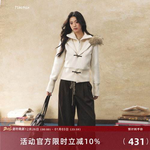 7Shiftin 原创设计双色假两件收腰毛呢外套冬季毛领拼接气质大衣