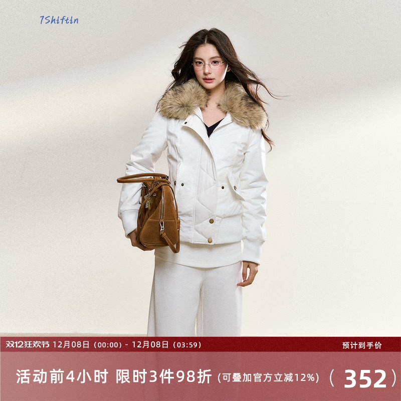 7Shiftin 原创设计秋冬款美式复古毛绒拼接白色棉服短款夹克外套