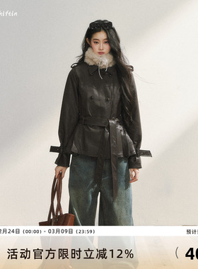 7Shiftin 原创设计深棕色收袖口毛呢皮大衣时尚复古收腰毛领外套