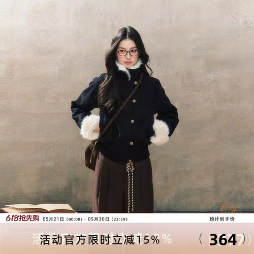 7Shiftin 原创设计秋冬新款黑色修身皮毛一体夹克外套短款上衣女
