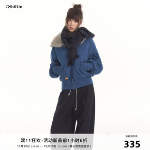 7Shiftin 原创设计大帽型拼接仿羊羔毛棉服灯笼袖翻领毛感短外套