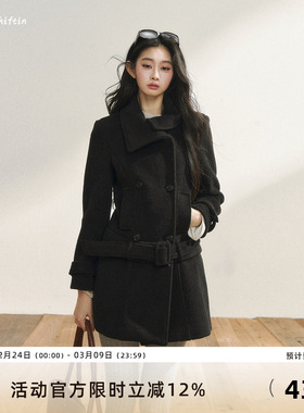 7Shiftin 原创黑色毛呢外套秋冬款双排扣高级可拆卸下摆呢子大衣