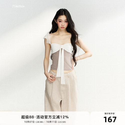 7Shiftin 原创设计夏季新款假两件百搭上衣休闲针织蝴蝶结短袖女