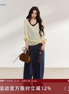 7Shiftin原创设计新款深蓝色宽松阔腿牛仔裤美式复古休闲直筒裤女