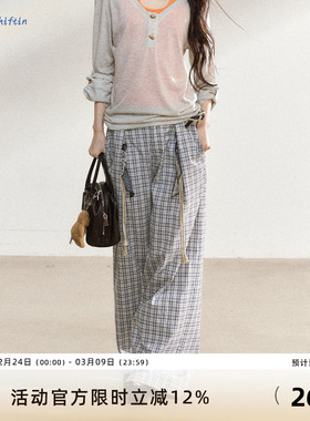 7Shiftin 原创设计新款韩系慵懒松弛感格纹裤子直筒宽松休闲长裤