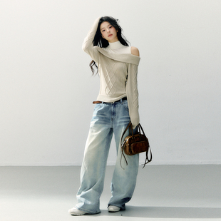 原创设计慵懒风一字肩双色套头假两件挂脖氛围感毛衣女 7Shiftin