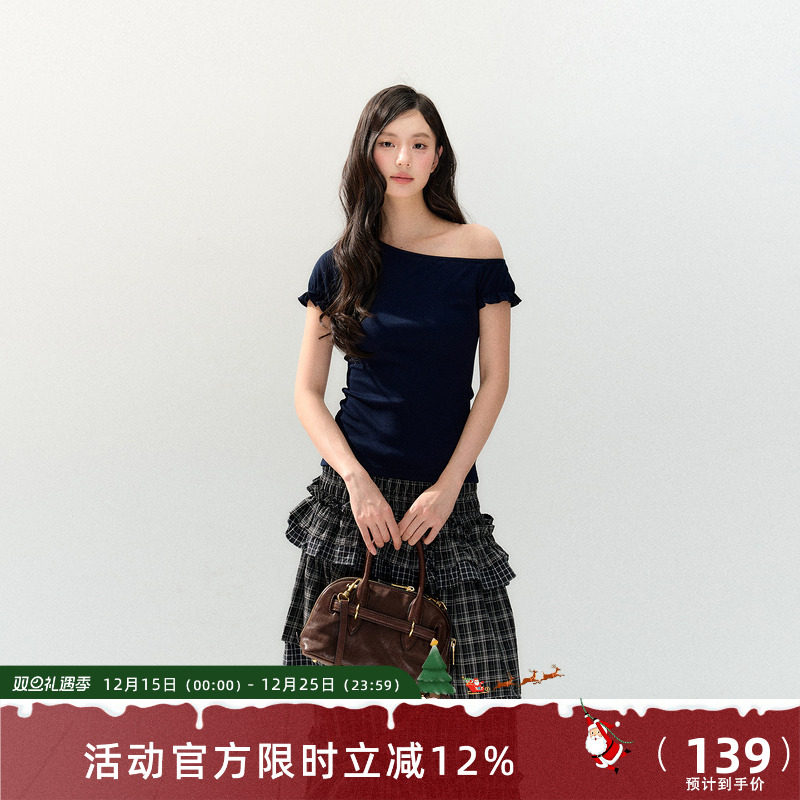 7Shiftin 原创设计春夏新款三色短袖T恤收腰修身辣妹斜肩打底上衣