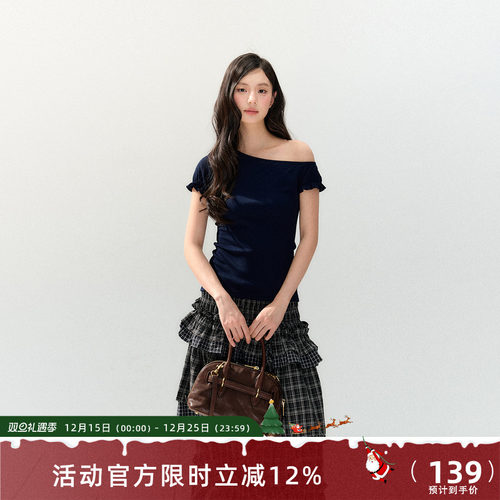 7Shiftin 原创设计春夏新款三色短袖T恤收腰修身辣妹斜肩打底上衣