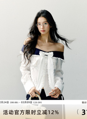 7Shiftin 原创设计蝴蝶结拼接一字肩长袖显瘦衬衫新款假两件上衣