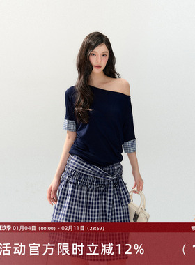 7Shiftin 原创设计新款韩系拼接双色斜肩短袖T恤设计感收腰上衣女