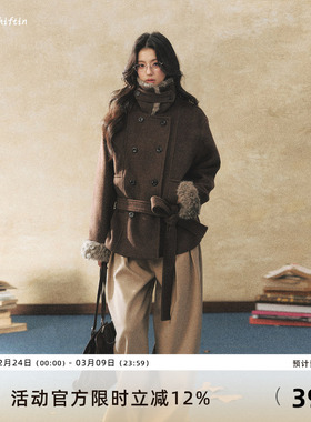 7Shiftin 原创设计双排扣棕色毛呢外套冬季高级毛领保暖呢子大衣