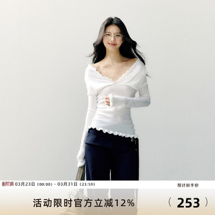 7Shiftin 原创设计收腰修身一字肩针织衫新款木耳边毛衣打底上衣