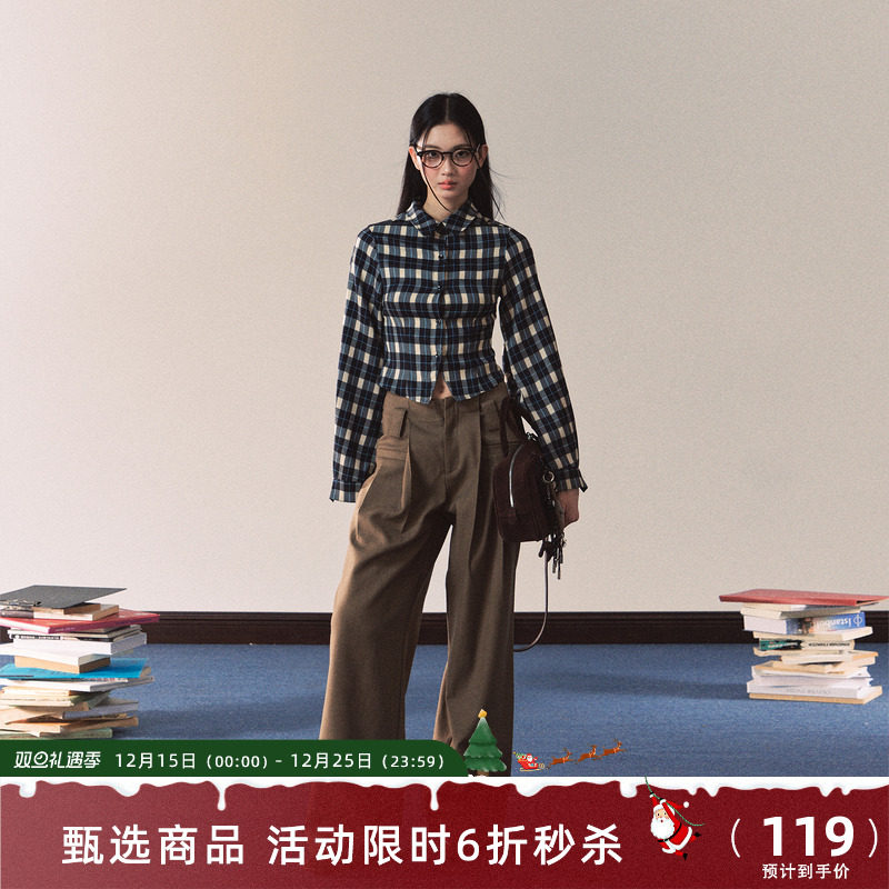 7Shiftin复古修身衬衣秋冬新款格纹衬衫休闲裤套装女