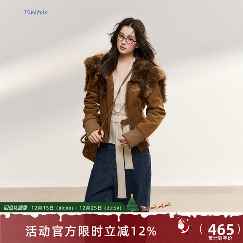 7Shiftin 原创秋冬款美拉德毛领拼接麂皮绒外套修身短款夹克外衣