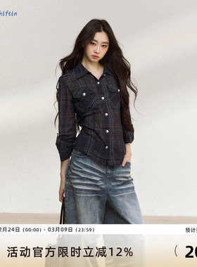7Shiftin 原创新款通勤穿搭不规则小众设计感格纹长袖衬衫上衣女