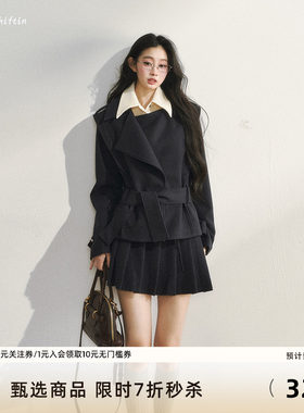 7Shiftin 原创设计学院风穿搭假两件夹棉西装棉服短裙子两件套女