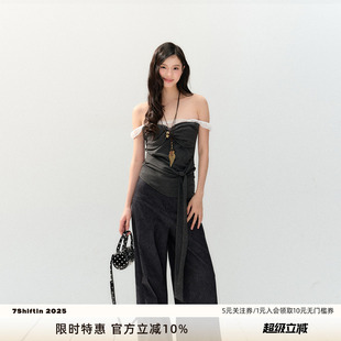 原创设计春夏新款 7Shiftin 蕾丝一字肩吊带收腰设计感灰色上衣女