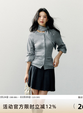 7Shiftin 原创春新款灰色单排扣修身显瘦收腰围巾领针织开衫上衣