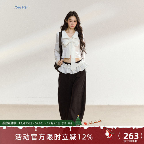 7Shiftin 原创新款辣妹套装白色蝴蝶结上衣花边直筒长裤两件套女